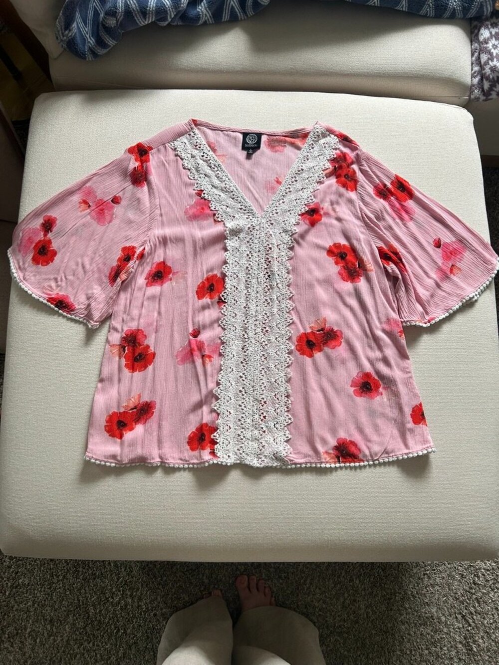 Bobeau Pink and Red Floral Lace Trimmed Top
